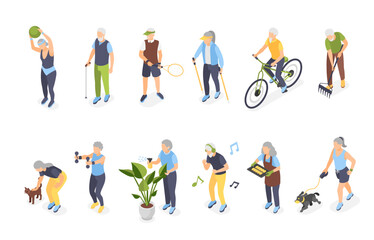 Isometric old people activities. Elderly men women training, play tennis cycling and dancing. Walk with dog and stroking cat, flawless vector characters