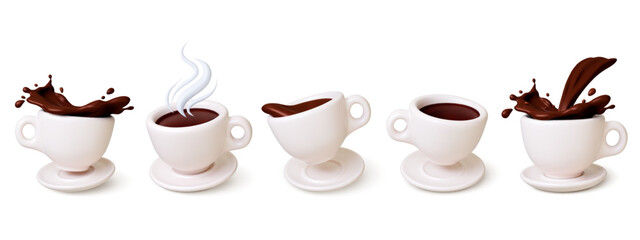 White 3d coffee cup. Americano splash and drops. Realistic render cute cups with plate or saucer. Hot drink for breakfast and lunch, pithy vector elements