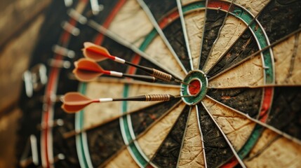 Photograph of a close-up of a dartboard with three darts clustered in the bullseye, their flights barely touching.