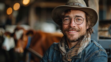 Cheerful farmer with glasses and a hat, smiling at the camera with cows in the soft focus background at a farm