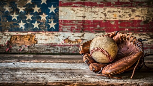 A weathered baseball glove and ball rest against a vintage American flag backdrop.