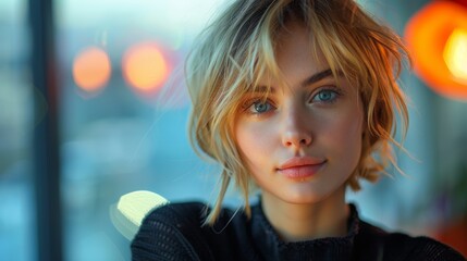 Obraz premium A portrait of a young woman with natural beauty, highlighted by soft indoor lighting and gentle bokeh in the background