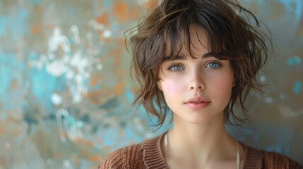 A detailed portrait of a young woman against an abstract painted background, combining natural beauty with artistic expression