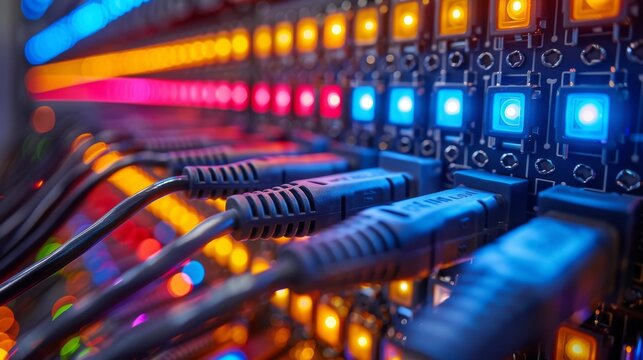 A dynamic image featuring multiple ethernet cables connected to a server, highlighting network infrastructure
