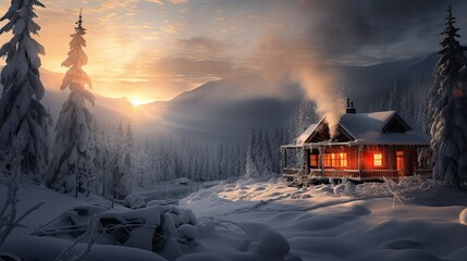 Photograph of a cozy cabin nestled amidst a snowy landscape, with smoke curling from its chimney and warm light glowing from its windows. --ar 16:9 --v 5.2 Job ID: 91653960-aa73-4069-b015-0b98edf70ca7