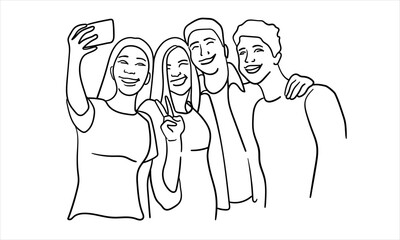 Four friends taking pictures, teenagers hugging continuous line art drawing isolated on white background. Vector illustration