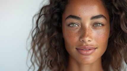Fototapeta premium A young woman with glowing, smooth skin poses in a studio portrait. Her radiant complexion and lustrous hair make her an excellent representation for care and hair products. Soft lighting enhances