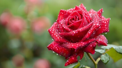 Red rose with dewdrops, morning light, and a blurred garden setting. Morning light highlights a red rose with dewdrops against a blurred garden.