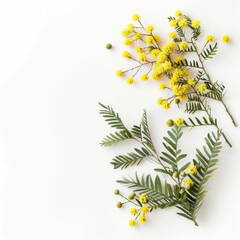 Fototapeta premium 3D branch of blooming mimosa close-up, isolated on a white background with advertising space. Romantic decor, print on fabric, paper, greeting cards