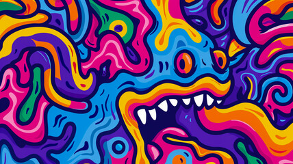 A playful yet mysterious vibe emanates from the colorful, monster-like figure in this trippy abstract.