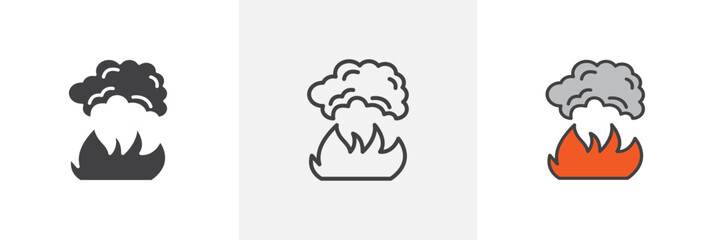 Fire smoke flat thin line icon collection.
