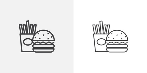 Burger Fries flat thin line icon collection.