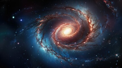 Fototapeta premium Photograph of a majestic spiral galaxy, its arms adorned with glowing star-forming regions, captured in the depths of the expanding universe 