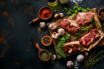 A rustic kitchen setting with a wooden chopping board displaying raw cuts of beef, pork, and chicken, surrounded by spices, garlic cloves, and fresh herbs, ready for cooking