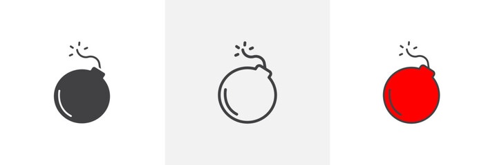 Bomb flat thin line icon collection.