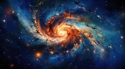 Fototapeta premium Photograph of a majestic spiral galaxy, its arms adorned with glowing star-forming regions, captured in the depths of the expanding universe 