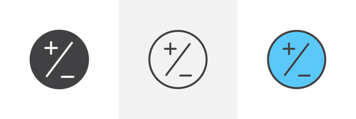 Plus minus flat thin line icon collection.