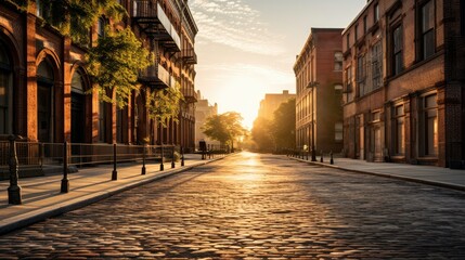 Obraz premium Photograph of a quiet city street at sunset, with long shadows stretching across the pavement. The buildings are old and brick, and the sky is a soft pastel hue.af887ace0d3d
