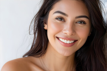 Naklejka premium Portrait of authentic happy woman without makeup, smiling at camera, standing cute against white background.