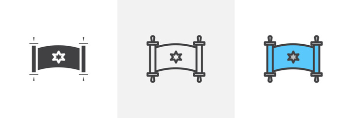 Scroll Torah flat thin line icon collection.