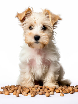 Naklejki A cute dog sits in front of food scattered on the floor, refuses to eat, scattered food on the floor, A description of the pet's health or behavior