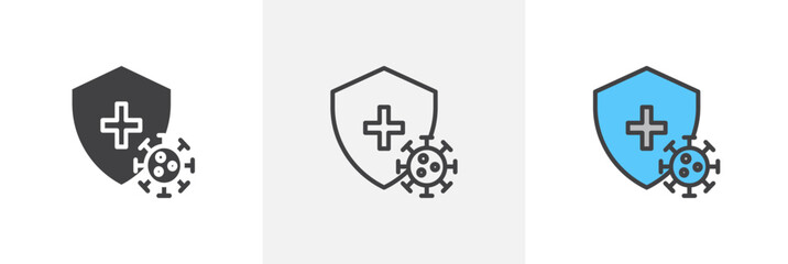 Shield virus flat thin line icon collection.