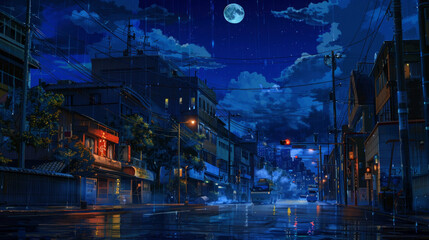 Obraz premium illustration art street of city at night style art anime