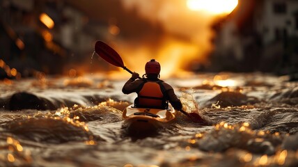 A lone kayaker navigates a turbulent river at sunset, showcasing adventure, challenge, and the beauty of nature's golden hour.