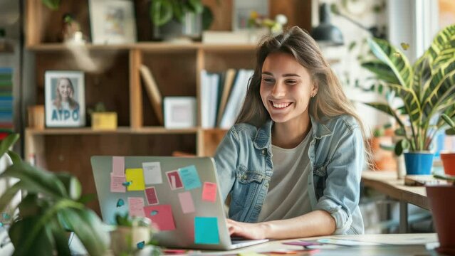happy young woman working remotely on virtual video team meeting call, remote work and flexible culture concept, smiling asian female digital nomad freelancing on laptop from home, copy space.