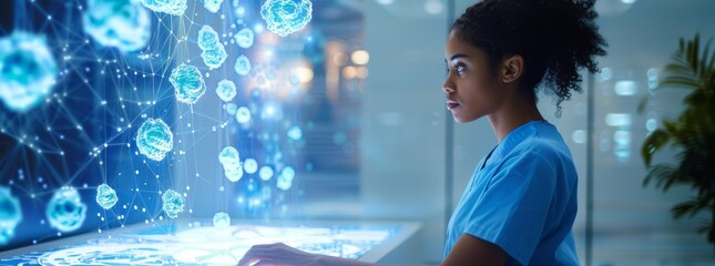 Nurse in blue scrubs interacting with futuristic digital screen displaying medical data