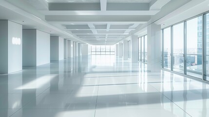 Obraz premium Interior view of a large office space, empty, modern minimalist design, top-down perspective, bright and open