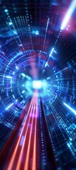 Obraz premium A dynamic 3D illustration of a futuristic data stream with neon lights and digital grids, representing high-speed data transfer and technology.