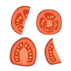 Round slice of tomato vector isolated on white . Fresh farm vegetables for diet. Ingredients for cooking. Flat design style for menu, cafe, restaurant, poster, banner, emblem, sticker, recipe design.