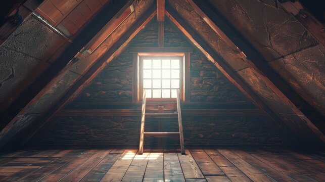 Open attic hatch with folding metal stairs, complex and detailed design, warm and inviting attic space, realistic texture