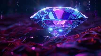 A glowing violet diamond symbolizes digital wealth, radiating in the dark. The image captures the essence of modern financial prosperity and luxury.