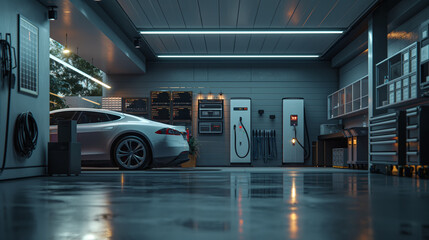 Modern Electric Vehicle Charging Station in a Sleek Contemporary Garage
