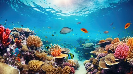 Obraz premium Photograph of an underwater view of a vibrant coral reef teeming with colorful fish 