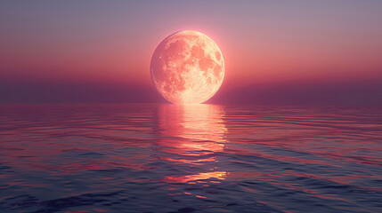 Large Full Moon in the Sky Over Ocean, Glowing Pink and Orange Against Pale Purple Background, Reflection on Water, No Other Elements or People Visible, High-Resolution and Serene