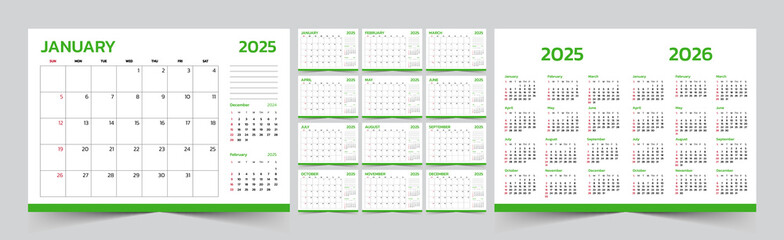 Monthly calendar template for 2025 year. The Week start on Sunday. Desk calendar 2025 design, simple and clean design, Wall calendar for print, digital calendar, Corporate design planner template.