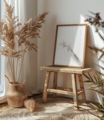 Boho styled interior with wooden stool and framed botanical art