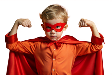 Superhero Kid in Red Cape Flexing Muscles
isolated on transparent background