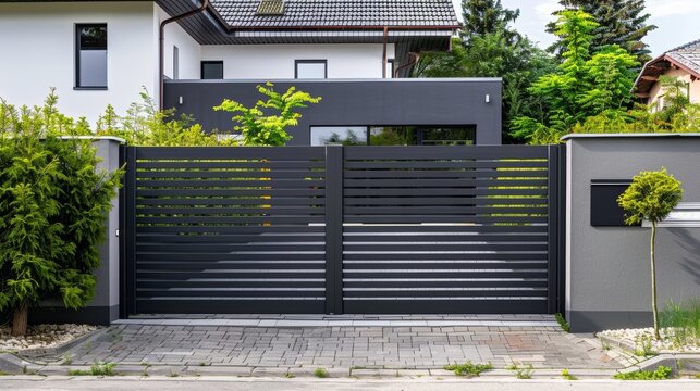 Sleek anthracite fence panels with a sliding gate, modern and chic design, street view, clean aesthetic