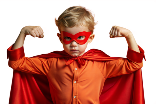 Superhero Kid in Red Cape Flexing Muscles
isolated on transparent background