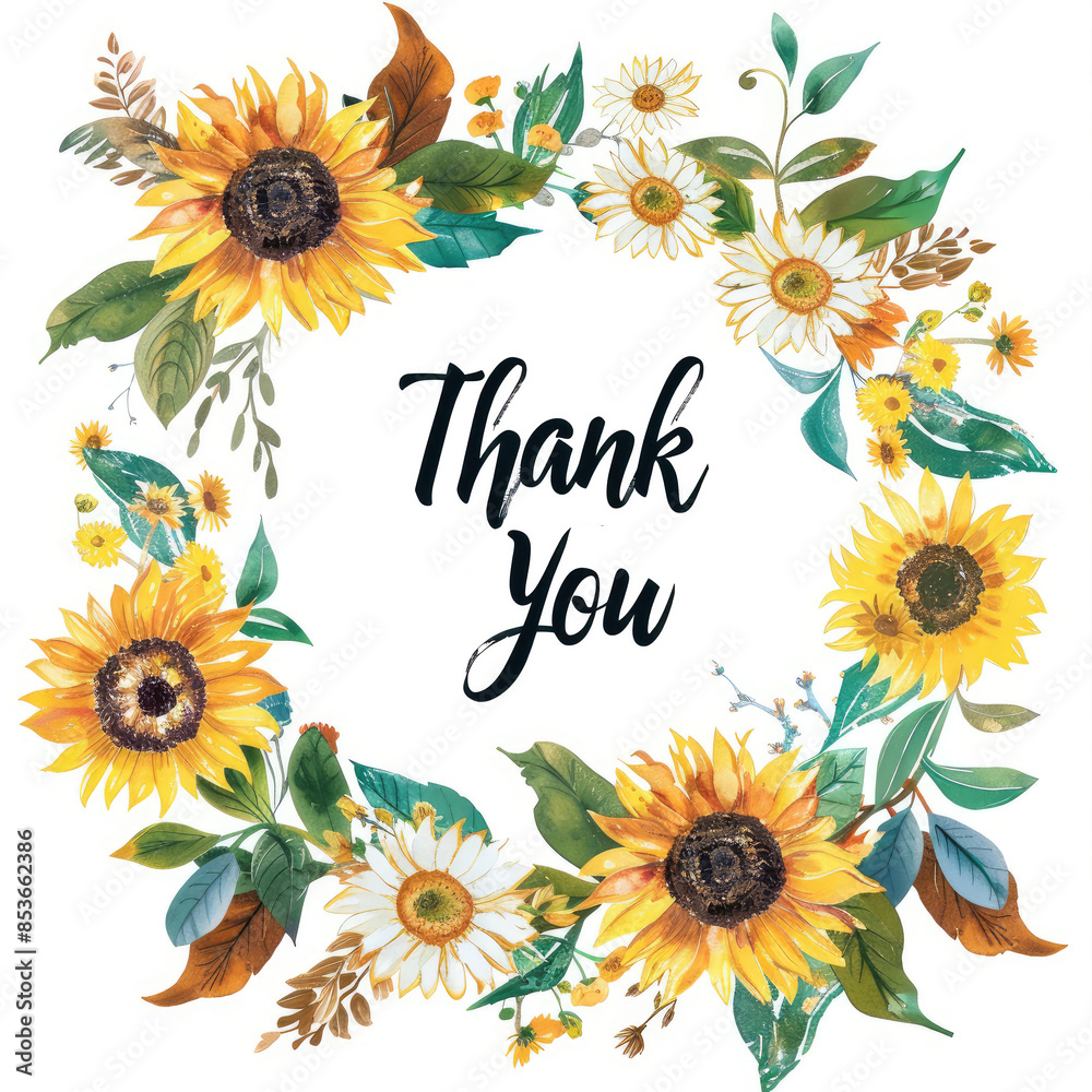 Wall mural Thank you card in a bouquet of sunflowers, daisies and assorted leaves on a white background - Wall murals
