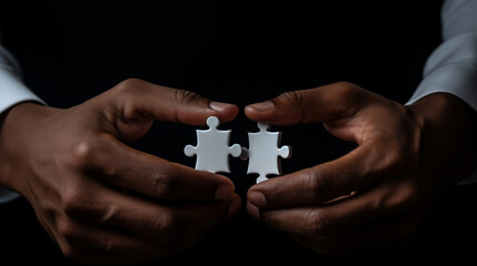 a men holds big, white, two puzzle pieces in black background