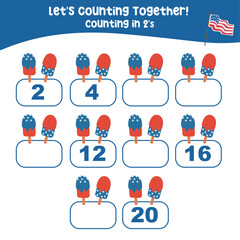 Mathematic counting worksheet. Math activity, count and write the missing numbers, math multiples. Educational printable math worksheet for children. Learning Game.