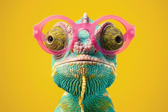 Chameleon in pink glasses blows a pink bubble from bubble gum