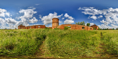 full seamless spherical hdri 360 panorama near ruined red bricks tower and abandoned outbuildings...