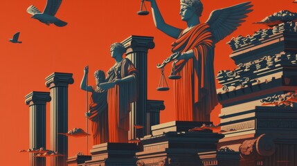 Zeus, god of justice, holding aloft scales and a gavel alongside Hermes, messenger of trade, bearing a caduceus staff and pouch of coins, standing amid broken columns and shackles