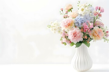 Elegant mixed pastel color bouquet in white vase on white background